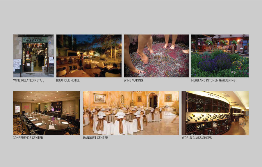 BOUTIQUE HOTEL WINE RELATED RETAIL CONFERENCE CENTER WORLD-CLASS SHOPS WINE MAKING BANQUET CENTER HERB AND KITCHEN GARDENING